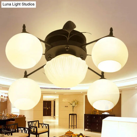 Semi Mount Bubble Shade Living Room Ceiling Light - Traditional White Glass With 5/7 Lights Black