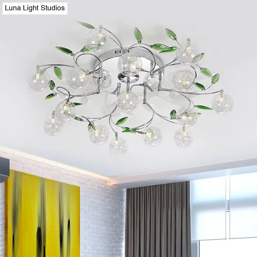 Semi Mount Green Crystal Lighting - Modern Ceiling Flush With 15 Lights Clear Glass Shade In Chrome