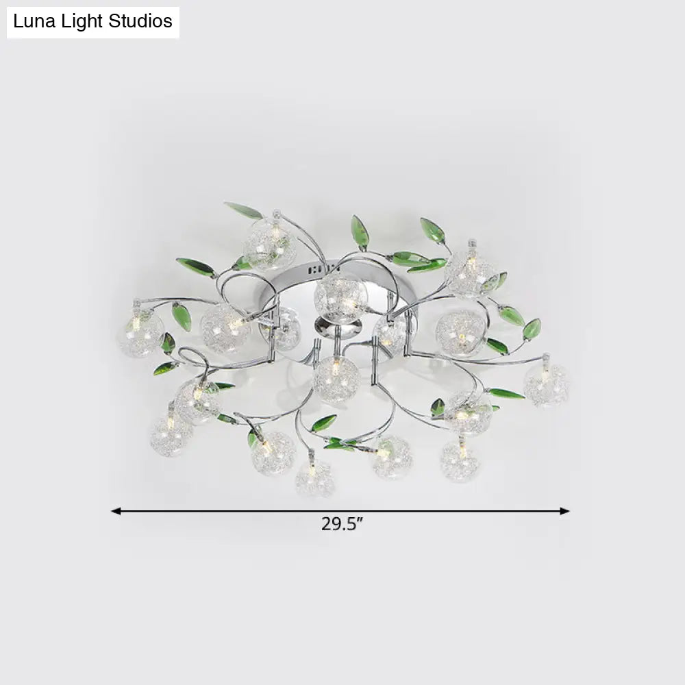 Semi Mount Green Crystal Lighting - Modern Ceiling Flush With 15 Lights Clear Glass Shade In Chrome