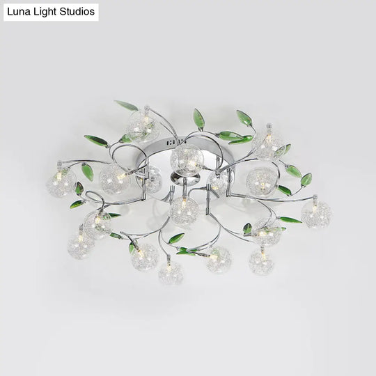 Semi Mount Green Crystal Lighting - Modern Ceiling Flush With 15 Lights Clear Glass Shade In Chrome