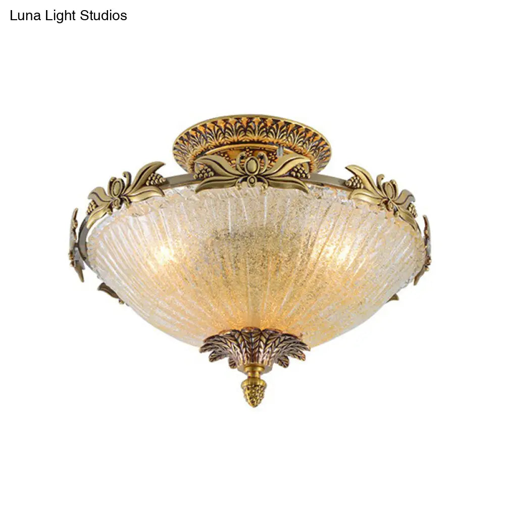 Semi Mount Lighting In Brass With Antiqued Bowl Shaped Flush Light And Clear Variegated Glass