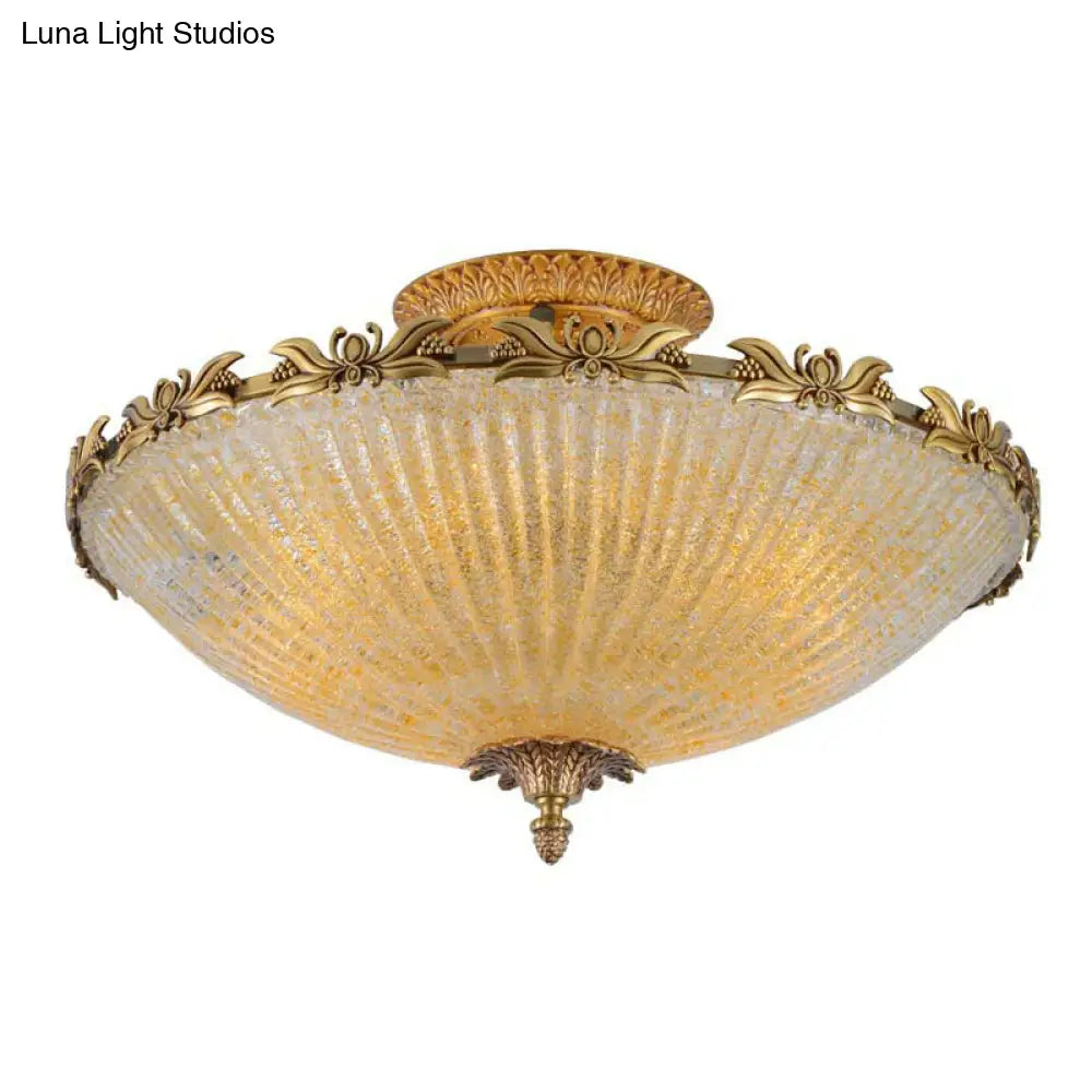 Semi Mount Lighting In Brass With Antiqued Bowl Shaped Flush Light And Clear Variegated Glass / 20.5