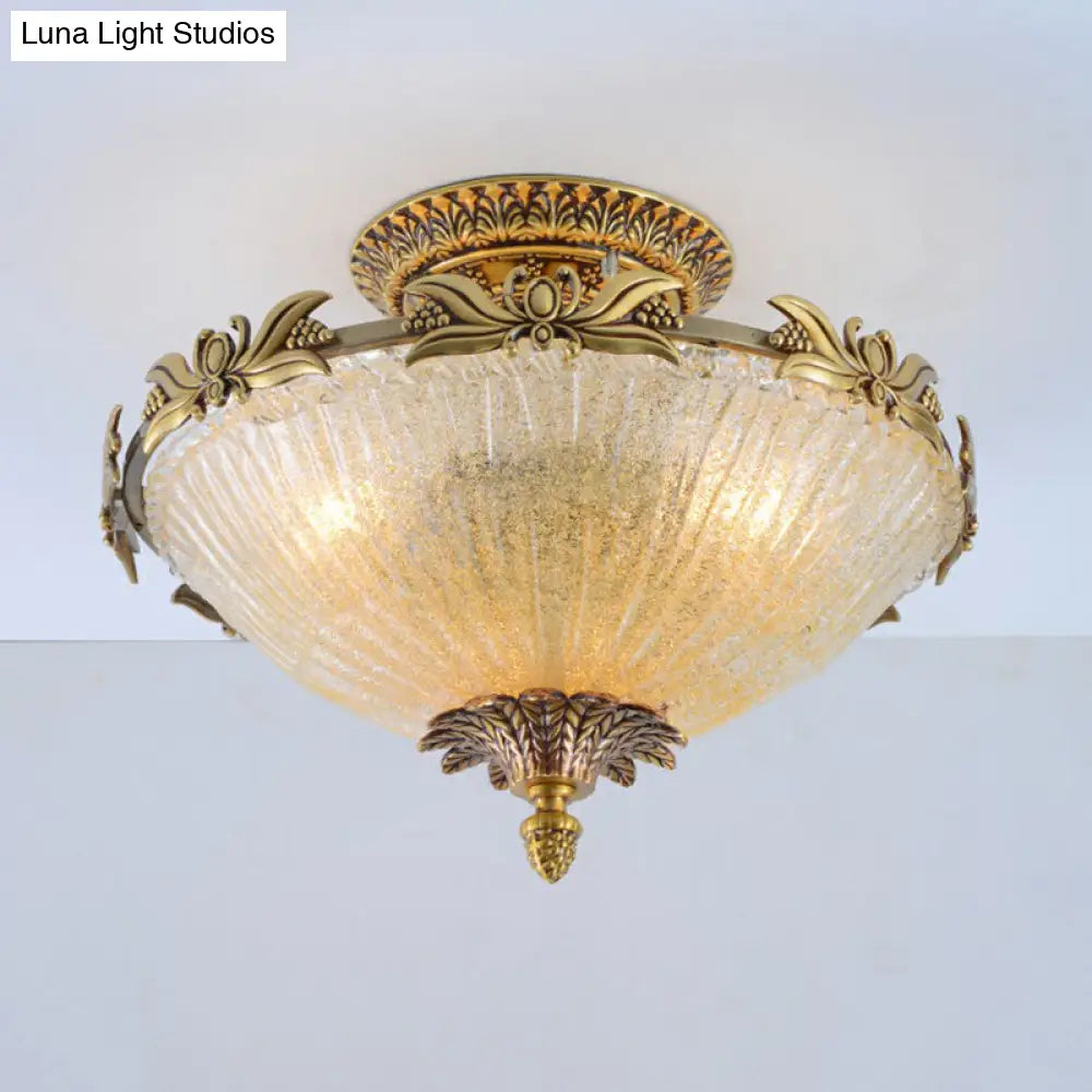 Semi Mount Lighting In Brass With Antiqued Bowl Shaped Flush Light And Clear Variegated Glass