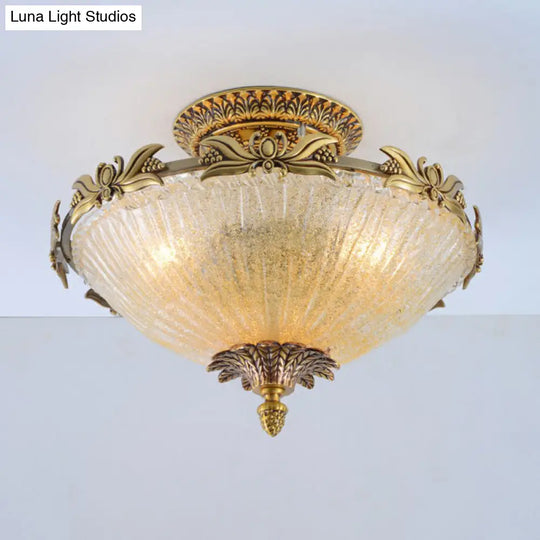 Semi Mount Lighting In Brass With Antiqued Bowl Shaped Flush Light And Clear Variegated Glass