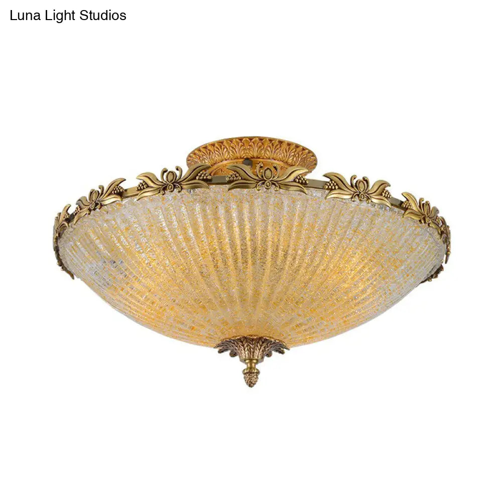 Semi Mount Lighting In Brass With Antiqued Bowl Shaped Flush Light And Clear Variegated Glass