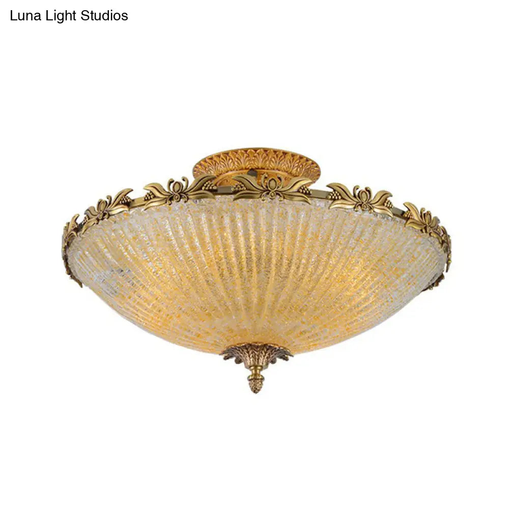 Semi Mount Lighting In Brass With Antiqued Bowl Shaped Flush Light And Clear Variegated Glass / 16.5