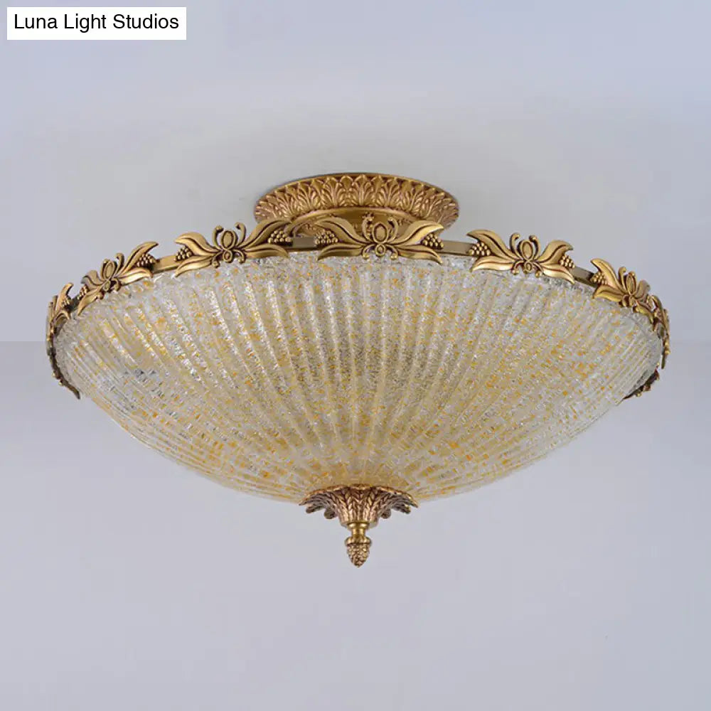 Semi Mount Lighting In Brass With Antiqued Bowl Shaped Flush Light And Clear Variegated Glass