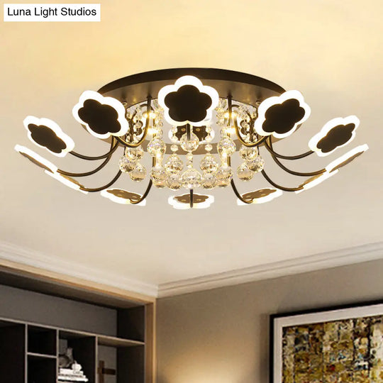 Semi-Mount Petal-Shaped Acrylic Led Ceiling Lamp With Crystal Draping - Black/White 23/27 Width