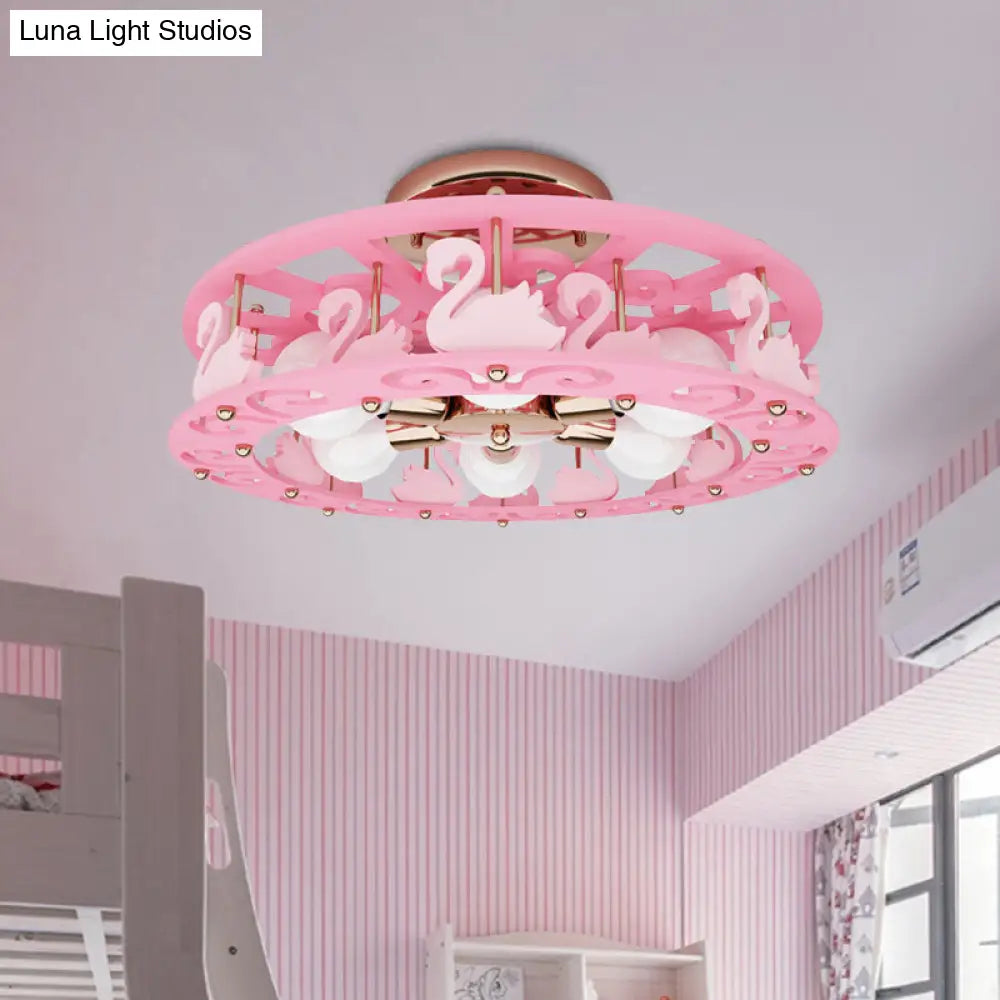 Semi Mount Pink Flush Light Fixture - Metal Drum Design With Bird/Angel Decoration Ideal For Kids