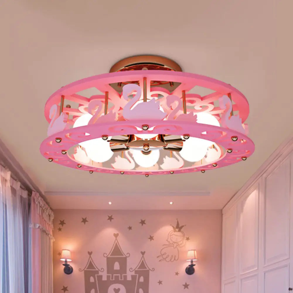 Semi Mount Pink Flush Light Fixture - Metal Drum Design With Bird/Angel Decoration Ideal For Kids