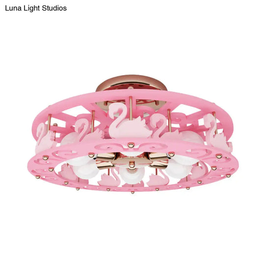 Semi Mount Pink Flush Light Fixture - Metal Drum Design With Bird/Angel Decoration Ideal For Kids