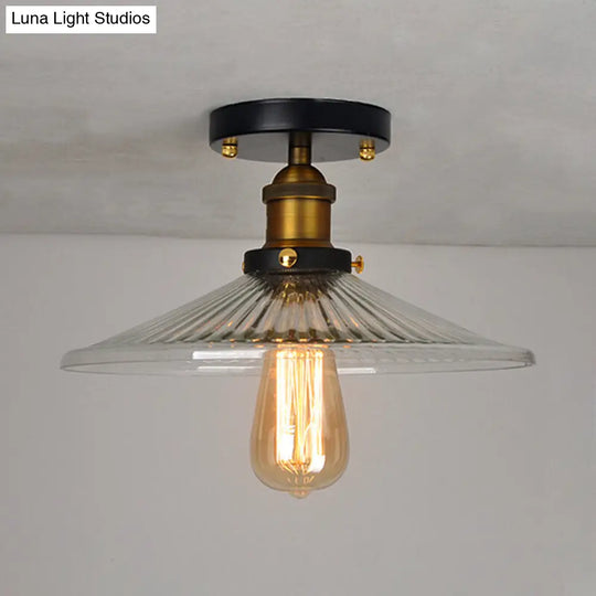 Semi Mount Ribbed Glass Cone Ceiling Light In Black/Brass/Copper - Industrial Style For Living Room