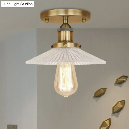 Semi Mount Ribbed Glass Cone Ceiling Light In Black/Brass/Copper - Industrial Style For Living Room