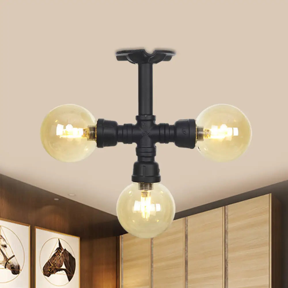 Semi Mount Vintage Corridor Flush Lamp With Amber Glass Shade In Black - 3/4 Bulbs / A