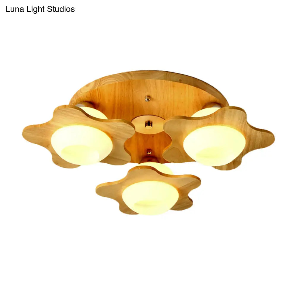 Semi Mount Wood Floral Flushmount Lighting With Beige Milk Glass Shade - Modern 3/5 Lights