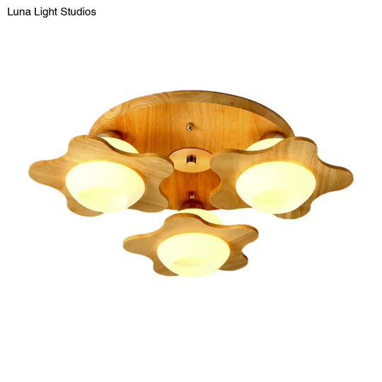 Semi Mount Wood Floral Flushmount Lighting With Beige Milk Glass Shade - Modern 3/5 Lights