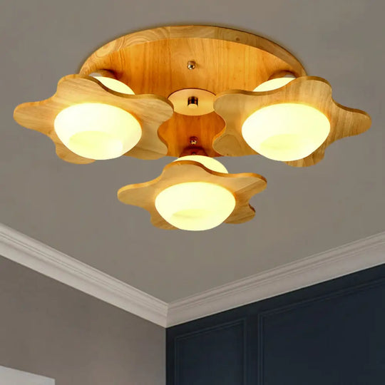 Semi Mount Wood Floral Flushmount Lighting With Beige Milk Glass Shade - Modern 3/5 Lights 3 /