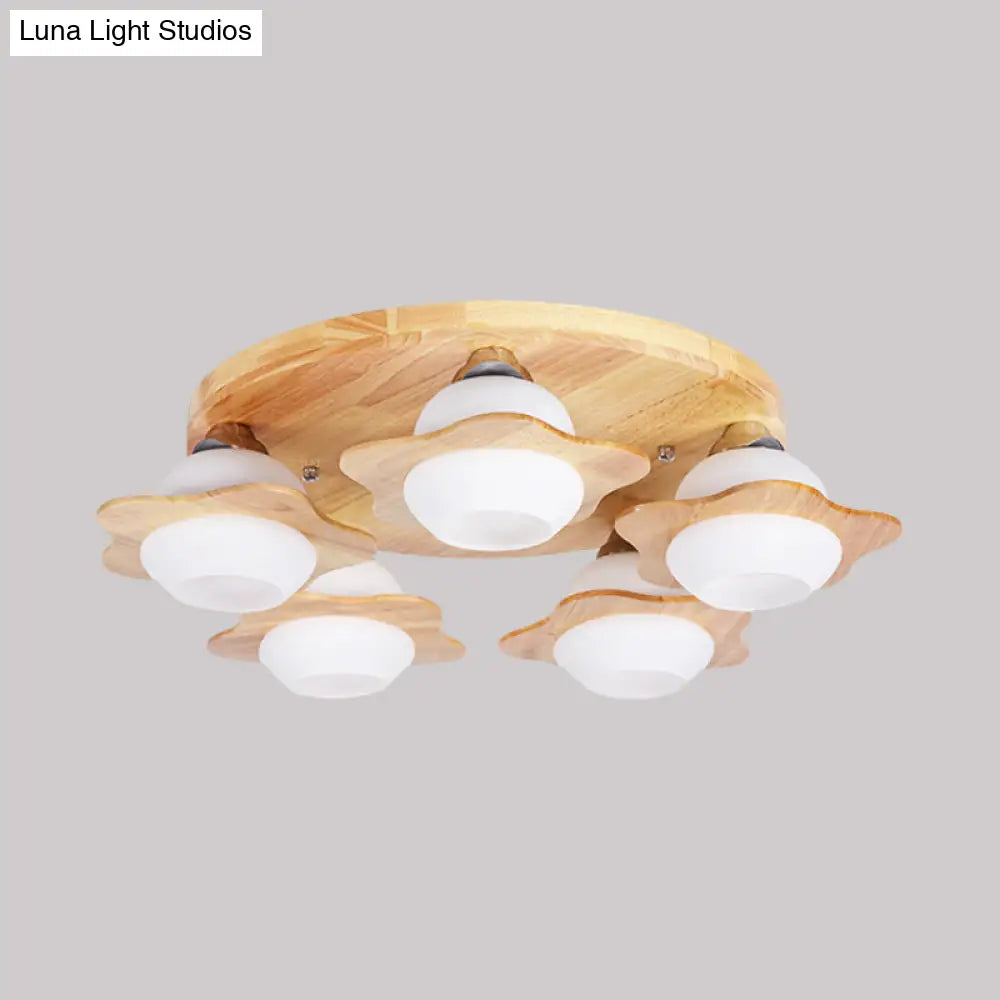 Semi Mount Wood Floral Flushmount Lighting With Beige Milk Glass Shade - Modern 3/5 Lights