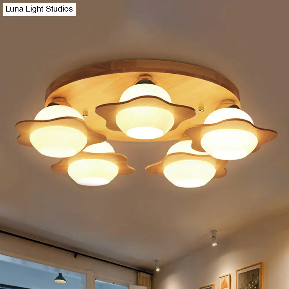 Semi Mount Wood Floral Flushmount Lighting With Beige Milk Glass Shade - Modern 3/5 Lights