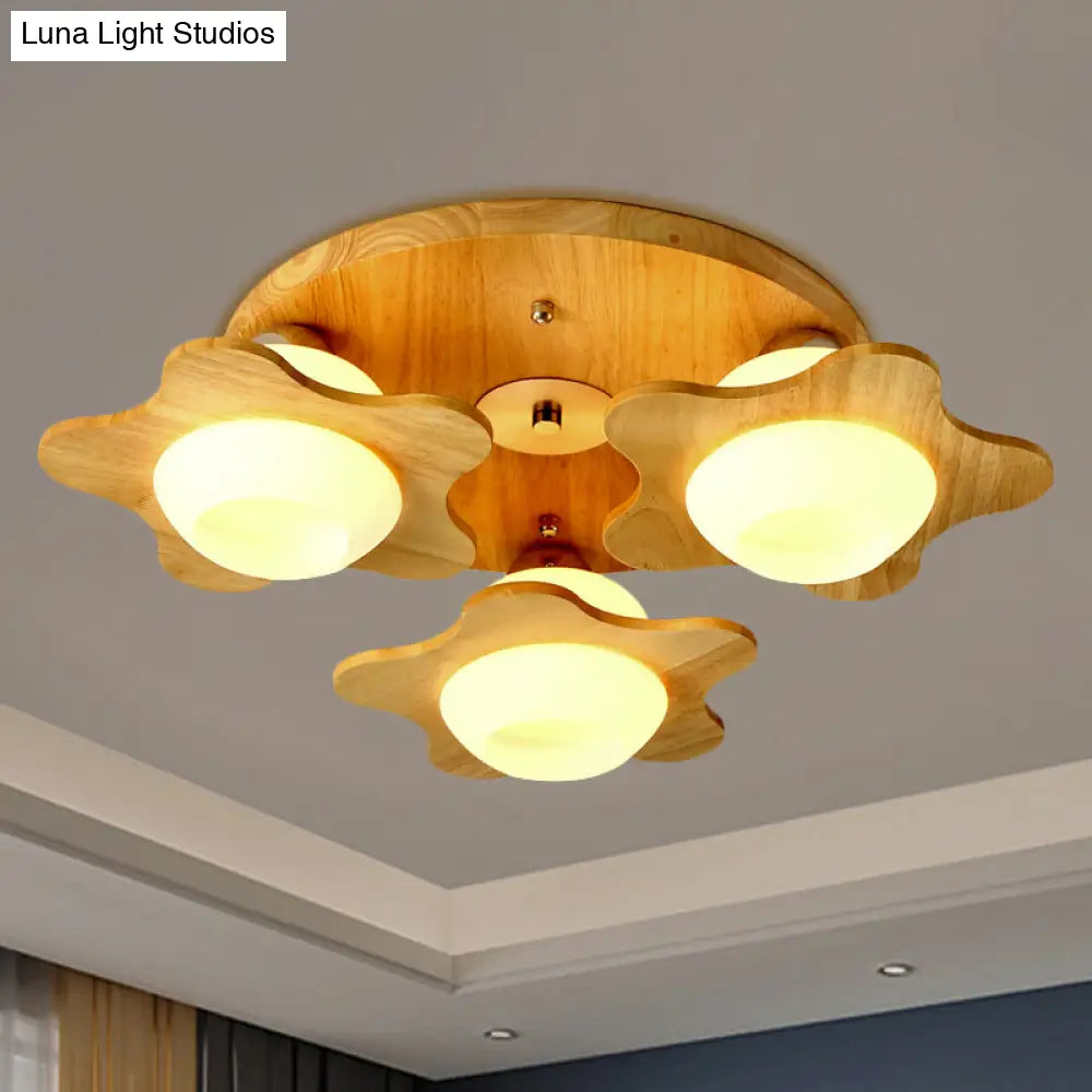 Semi Mount Wood Floral Flushmount Lighting With Beige Milk Glass Shade - Modern 3/5 Lights