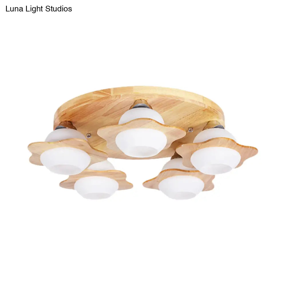 Semi Mount Wood Floral Flushmount Lighting With Beige Milk Glass Shade - Modern 3/5 Lights