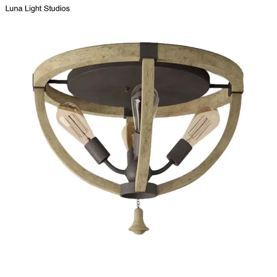 Semi-Mount Wood Khaki Dome Frame Ceiling Flush Light - Warehouse Style 4-Bulb