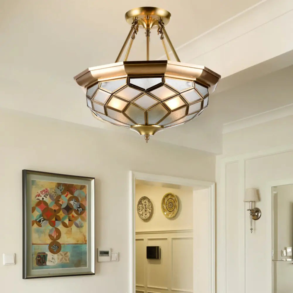 Semi - Mounted Brass Ceiling Light With Seeded Glass For Dining Room - Colonial Dome Design 4 Bulbs