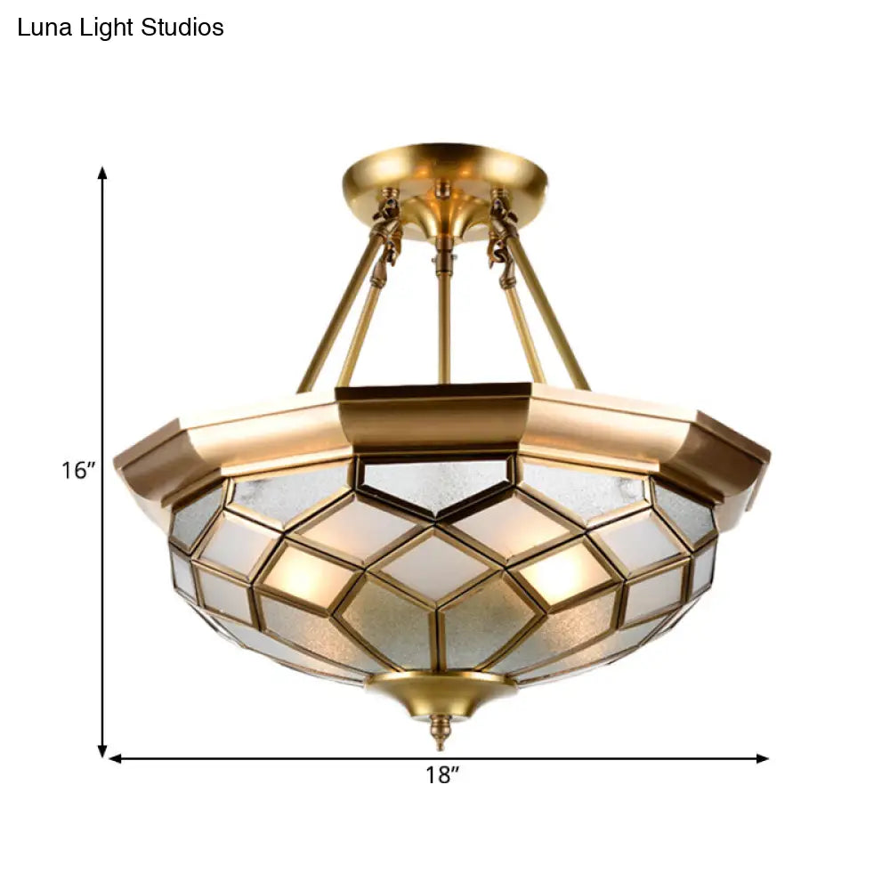 Semi-Mounted Brass Ceiling Light With Seeded Glass For Dining Room - Colonial Dome Design 4 Bulbs