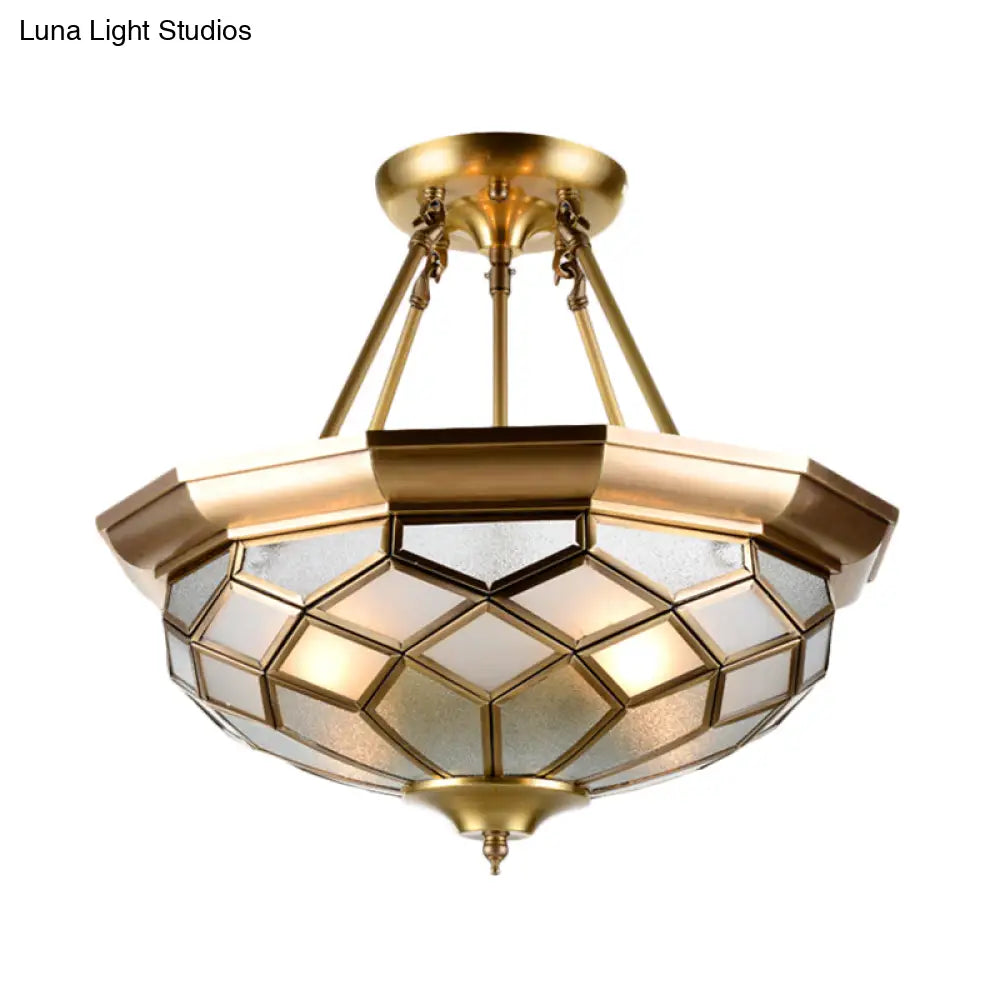 Semi - Mounted Brass Ceiling Light With Seeded Glass For Dining Room - Colonial Dome Design 4 Bulbs