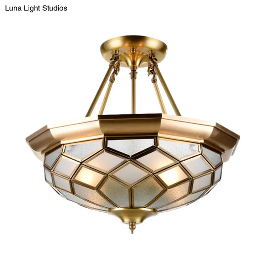 Semi - Mounted Brass Ceiling Light With Seeded Glass For Dining Room - Colonial Dome Design 4 Bulbs