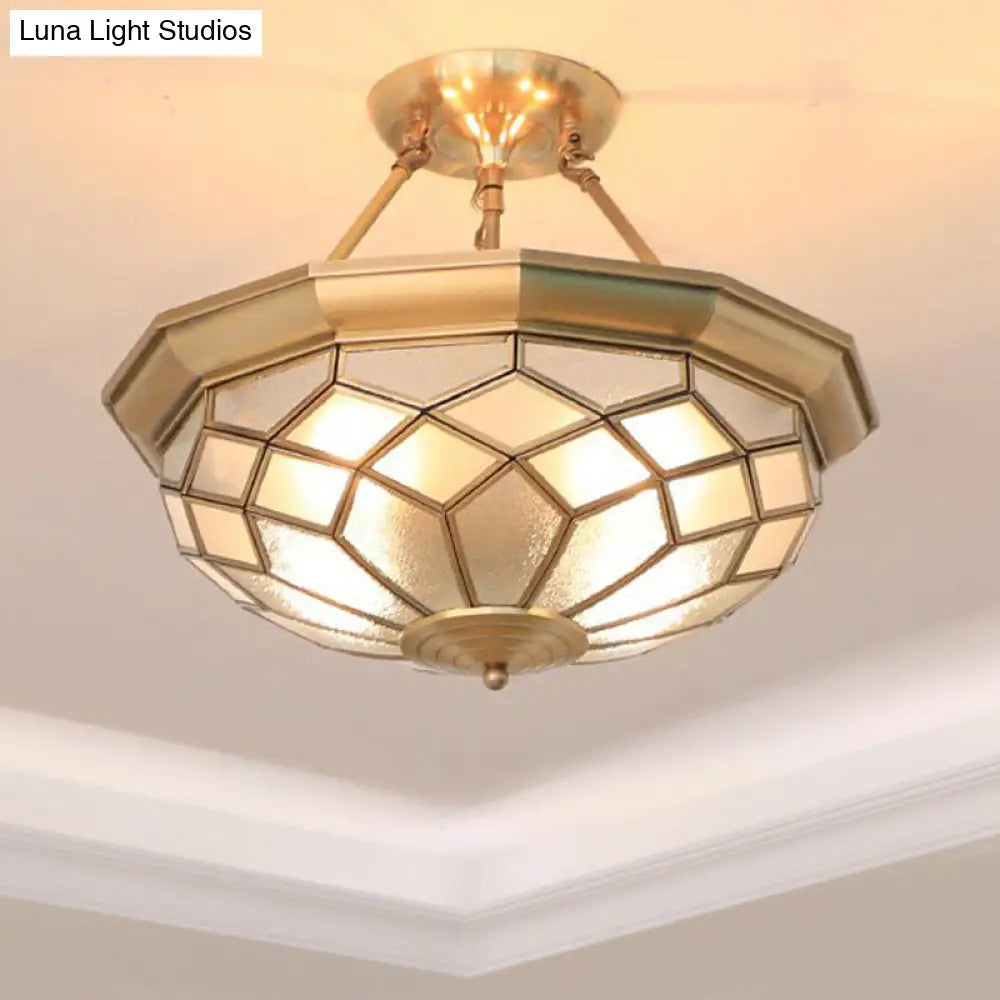 Semi - Mounted Brass Ceiling Light With Seeded Glass For Dining Room - Colonial Dome Design 4 Bulbs