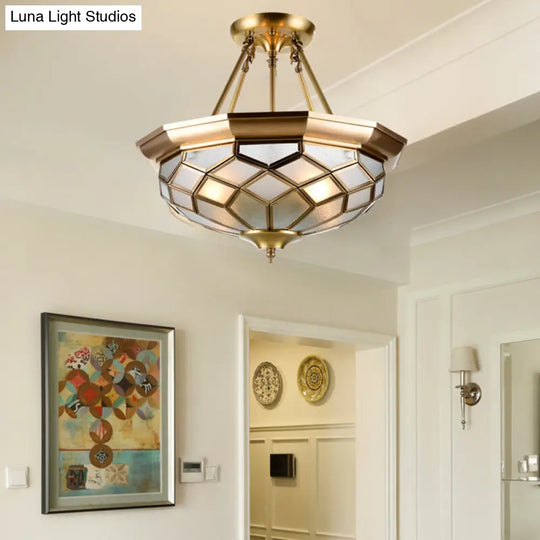 Semi-Mounted Brass Ceiling Light With Seeded Glass For Dining Room - Colonial Dome Design 4 Bulbs