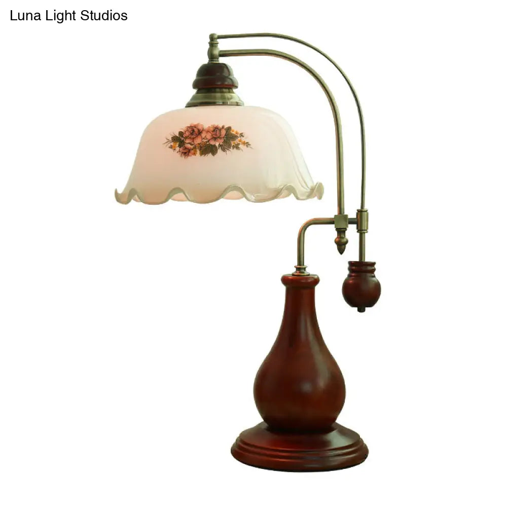 Semi-Sphere Glass Pleated Desk Lamp - Retro Vase Design Brown Finish Bedroom & Reading Light With