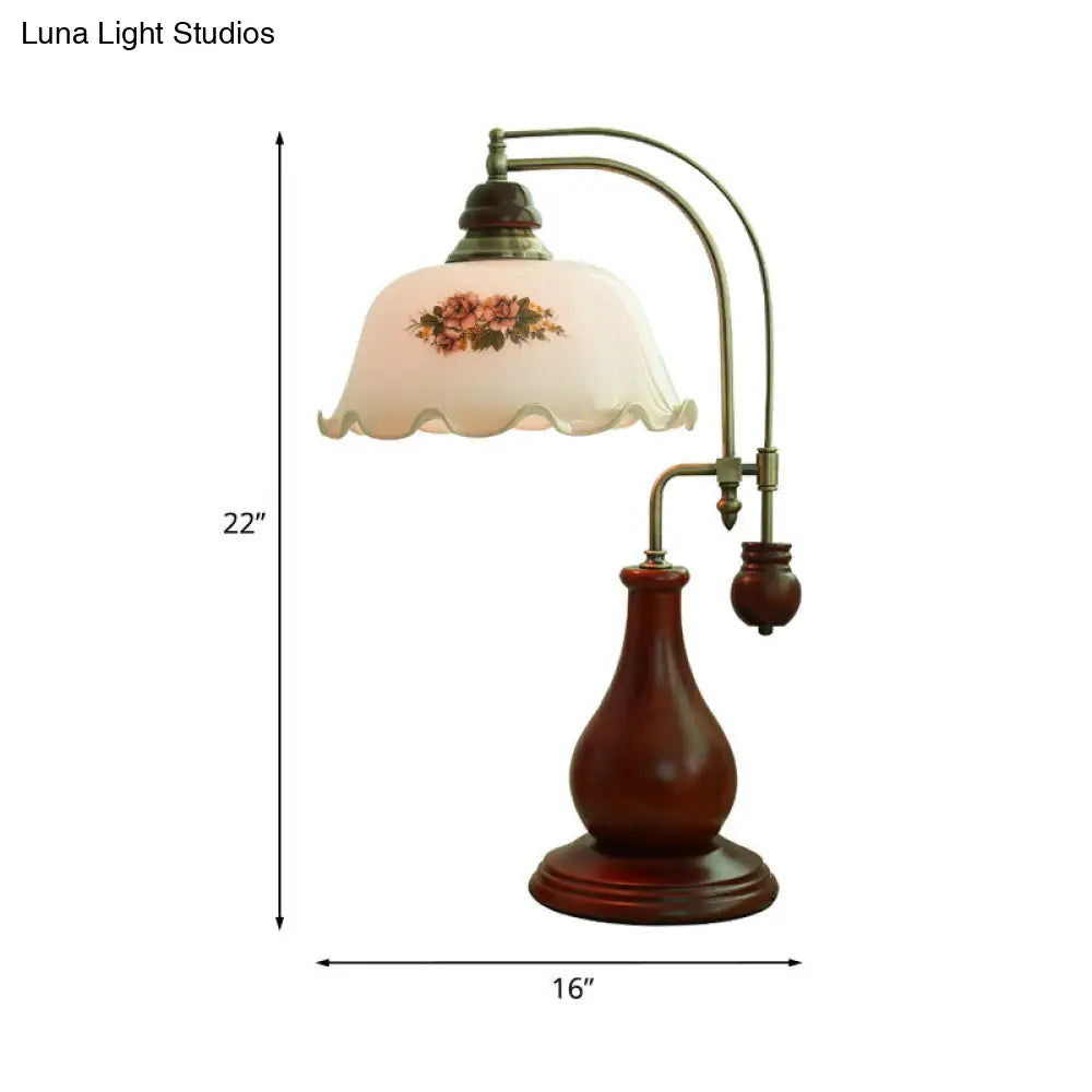 Semi-Sphere Glass Pleated Desk Lamp - Retro Vase Design Brown Finish Bedroom & Reading Light With