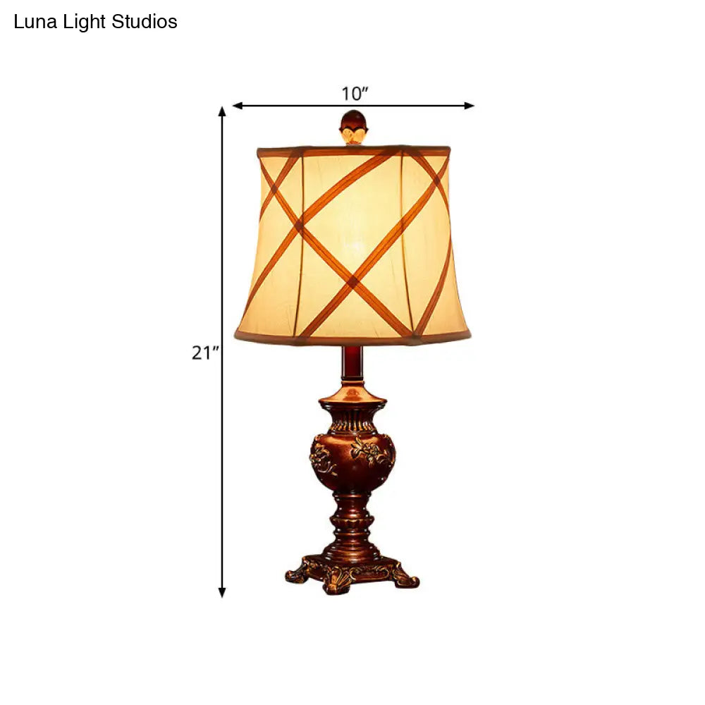 Vintage Resin Table Lamp: Brown Urn Base Desk Light With Fabric Shade