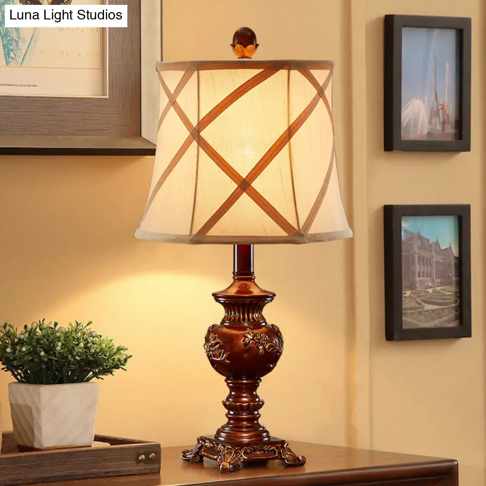 Serena - Vintage Brown Urn Base Desk Light Style Resin 1 Head Table Lamp With Fabric Shade