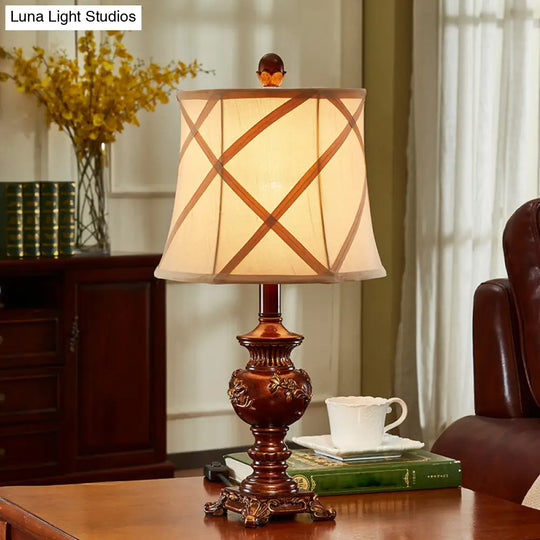 Vintage Resin Table Lamp: Brown Urn Base Desk Light With Fabric Shade