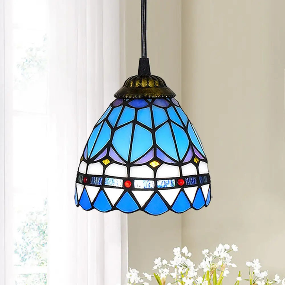 Shaded Tiffany Glass Pendant Light - Elegant 1-Bulb Suspension Fixture For Corridor Lake Blue