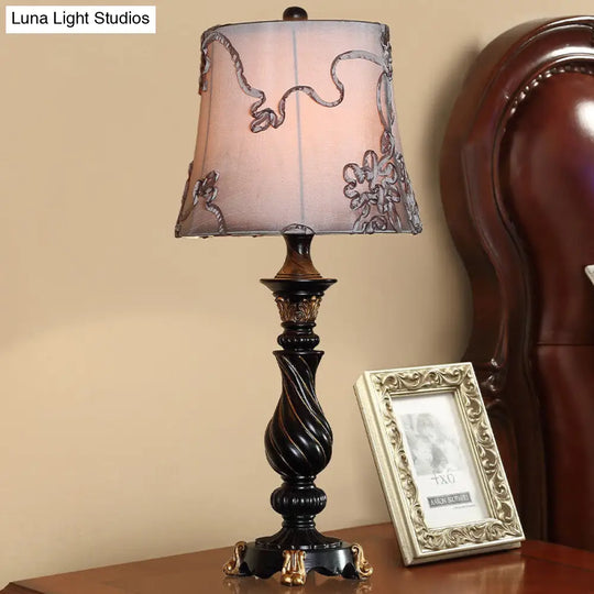 Black Drum Nightstand Lamp With Swirl Fabric Pattern & Blaster Base - Classic Design