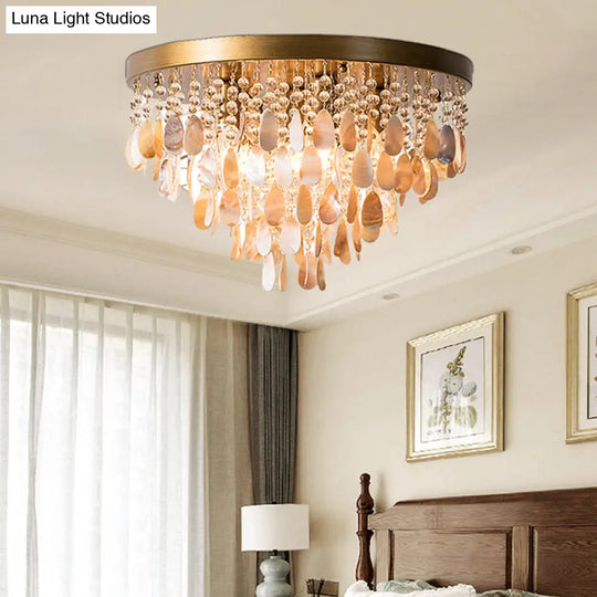 Shell And Crystal Flush Ceiling Light With Rustic Charm - 6/9 Lights For Living Room Black/Brass