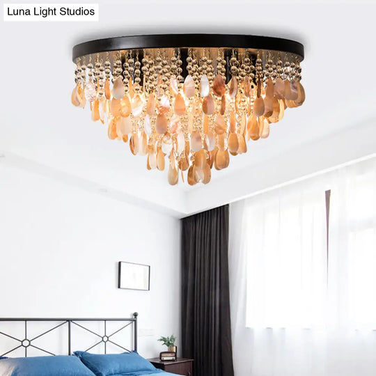 Shell And Crystal Flush Ceiling Light With Rustic Charm - 6/9 Lights For Living Room Black/Brass