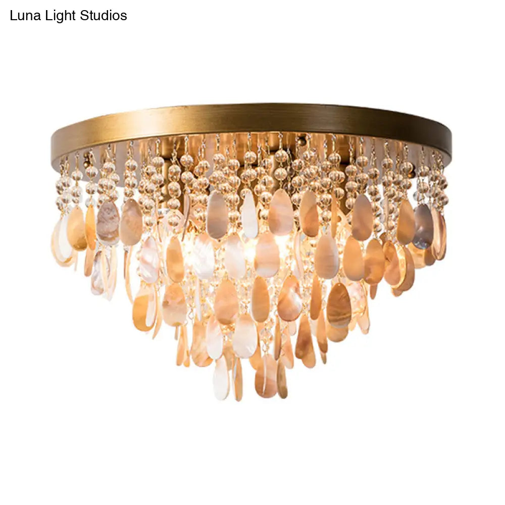 Shell And Crystal Flush Ceiling Light With Rustic Charm - 6/9 Lights For Living Room Black/Brass