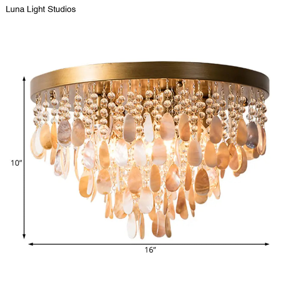 Shell And Crystal Flush Ceiling Light With Rustic Charm - 6/9 Lights For Living Room Black/Brass