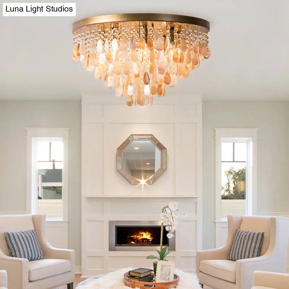 Shell And Crystal Flush Ceiling Light With Rustic Charm - 6/9 Lights For Living Room Black/Brass