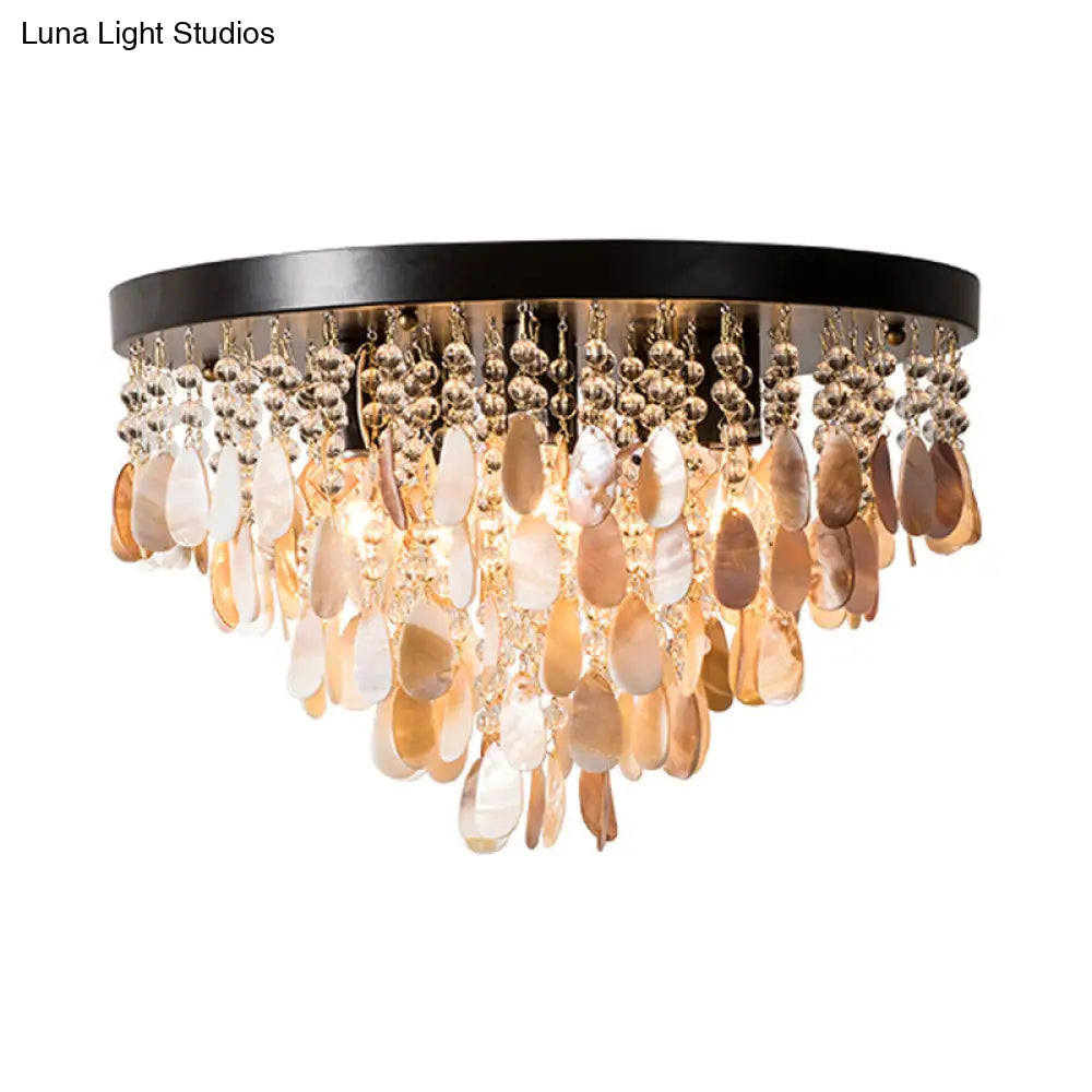 Shell And Crystal Flush Ceiling Light With Rustic Charm - 6/9 Lights For Living Room Black/Brass