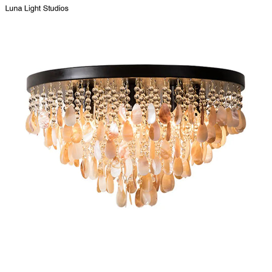 Shell And Crystal Flush Ceiling Light With Rustic Charm - 6/9 Lights For Living Room Black/Brass