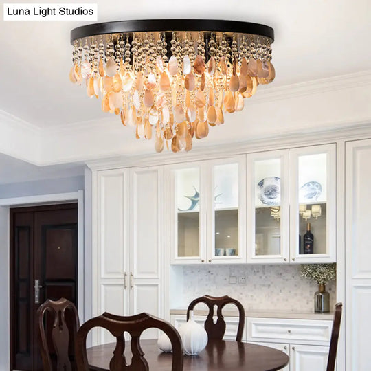 Shell And Crystal Flush Ceiling Light With Rustic Charm - 6/9 Lights For Living Room Black/Brass