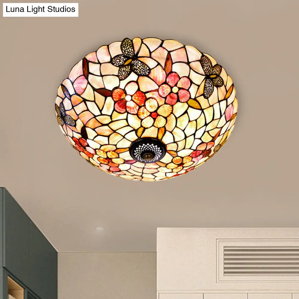 Shell Beige Tiffany Flushmount Ceiling Fixture With Butterfly-Flower Pattern 3/4 Lights 16/20.5W
