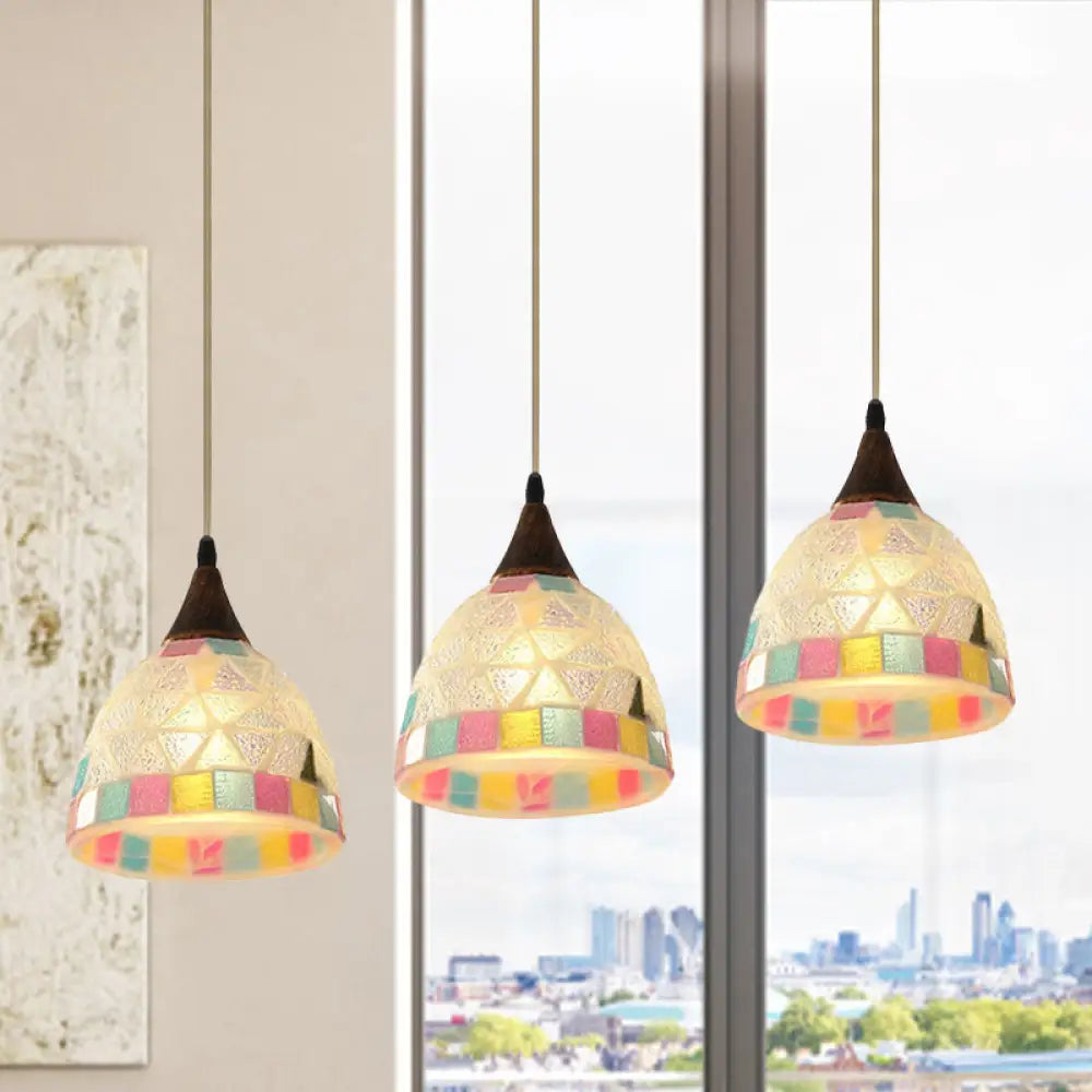 Shell Bell Pendant Light Fixture - Mediterranean 3-Light Bronze Lamp With Mosaic Edge
