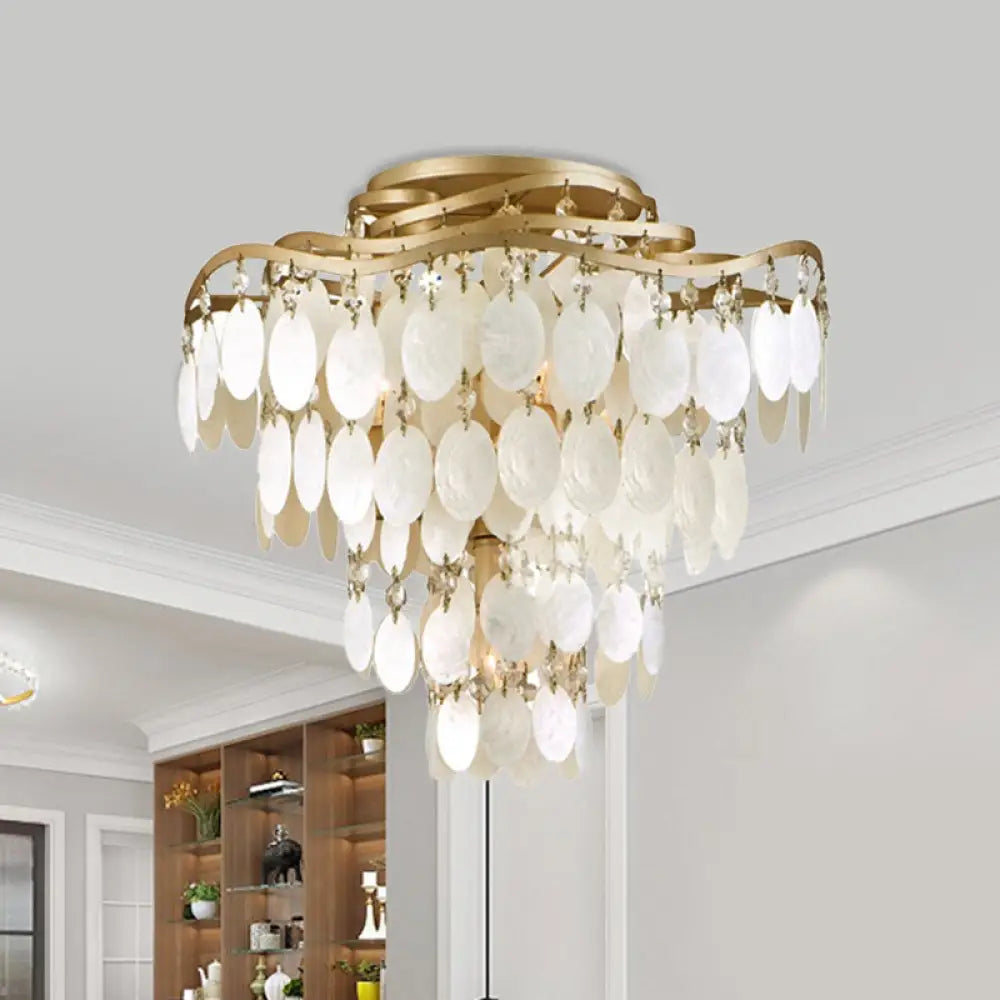 Shell Coastal Chandelier: 4 - Bulb Semi - Flush Fixture With Brass Finish